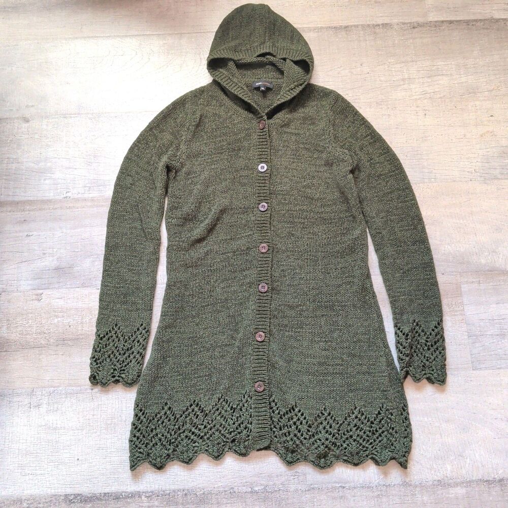 BCBG MAX AZRIA Long Olive Green Crochet Hooded Sweater Cardigan Coat XL